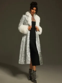Panue Faux Fur Collar Sequin Coat