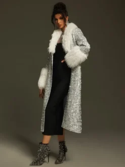 Panue Faux Fur Collar Sequin Coat