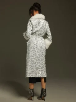 Panue Faux Fur Collar Sequin Coat