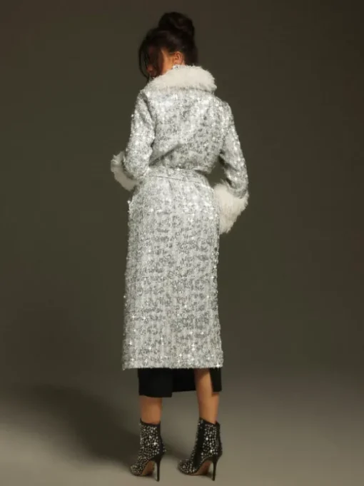 Panue Faux Fur Collar Sequin Coat