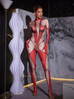 Pera Body Printed Rhinestone Gloves Jumpsuit In Red