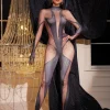 Pera Body Printed Rhinestone Gloves Jumpsuit In Grey