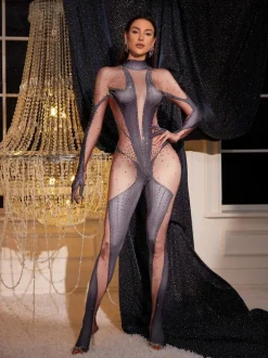 Pera Body Printed Rhinestone Gloves Jumpsuit In Grey