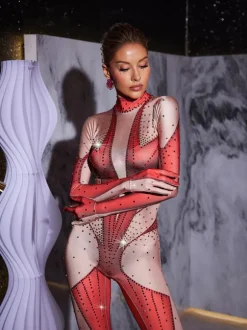 Pera Body Printed Rhinestone Gloves Jumpsuit In Red