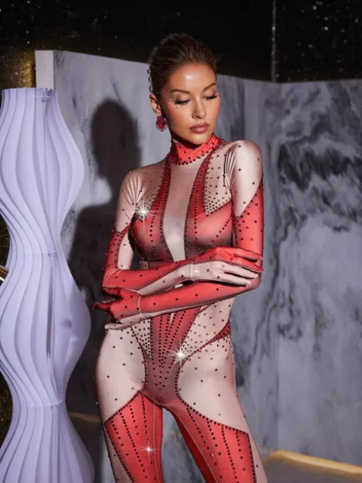Pera Body Printed Rhinestone Gloves Jumpsuit In Red