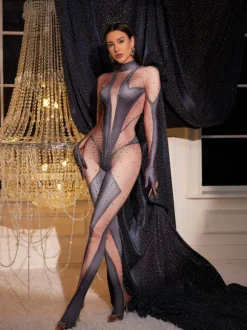 Pera Body Printed Rhinestone Gloves Jumpsuit In Grey
