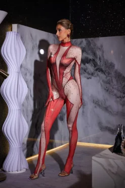 Pera Body Printed Rhinestone Gloves Jumpsuit In Red