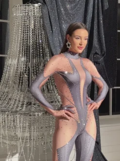 Pera Body Printed Rhinestone Gloves Jumpsuit In Grey