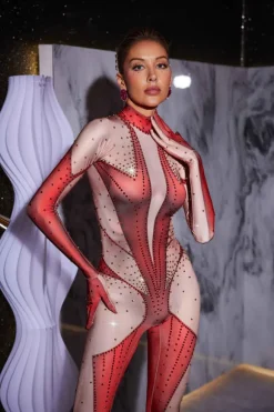 Pera Body Printed Rhinestone Gloves Jumpsuit In Red