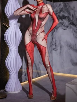 Pera Body Printed Rhinestone Gloves Jumpsuit In Red