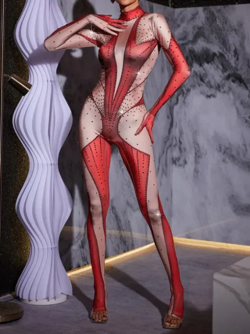 Pera Body Printed Rhinestone Gloves Jumpsuit In Red