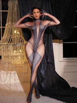 Pera Body Printed Rhinestone Gloves Jumpsuit In Grey