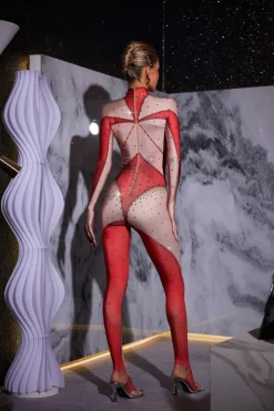 Pera Body Printed Rhinestone Gloves Jumpsuit In Red