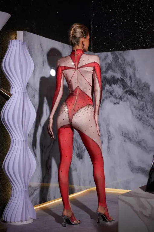 Pera Body Printed Rhinestone Gloves Jumpsuit In Red