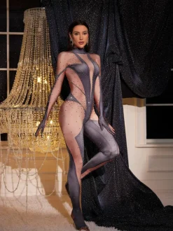 Pera Body Printed Rhinestone Gloves Jumpsuit In Grey