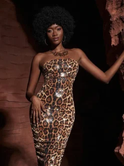 Peyton Strapless Leopard Sequin Maxi Dress
