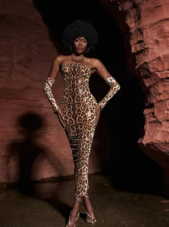 Peyton Strapless Leopard Sequin Maxi Dress