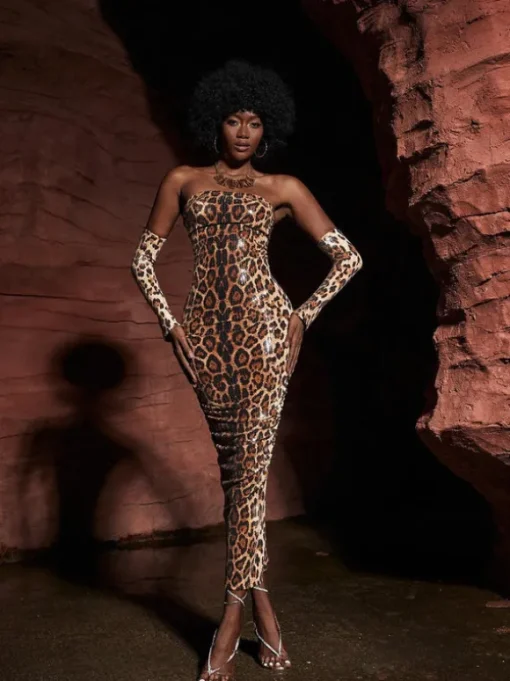 Peyton Strapless Leopard Sequin Maxi Dress
