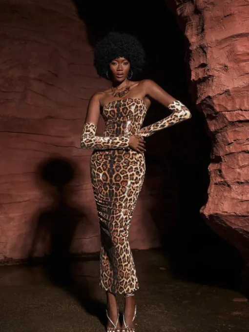 Peyton Strapless Leopard Sequin Maxi Dress