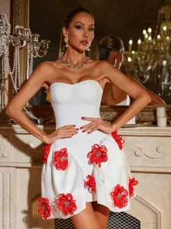 Phylo Strapless Flower Bandage Mini Dress In White