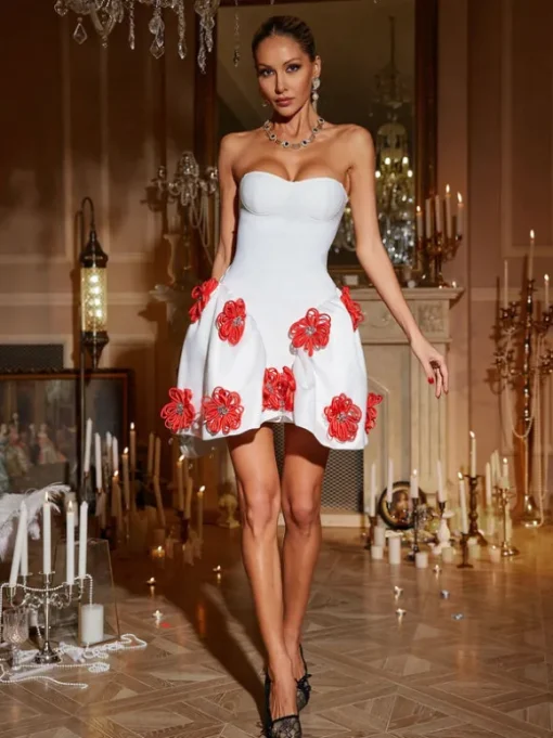 Phylo Strapless Flower Bandage Mini Dress In White
