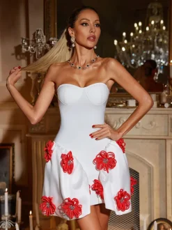 Phylo Strapless Flower Bandage Mini Dress In White