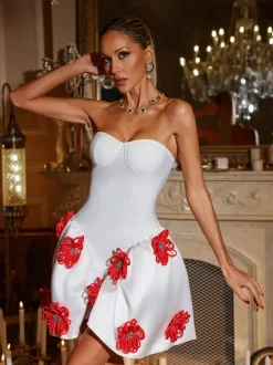 Phylo Strapless Flower Bandage Mini Dress In White