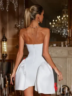 Phylo Strapless Flower Bandage Mini Dress In White