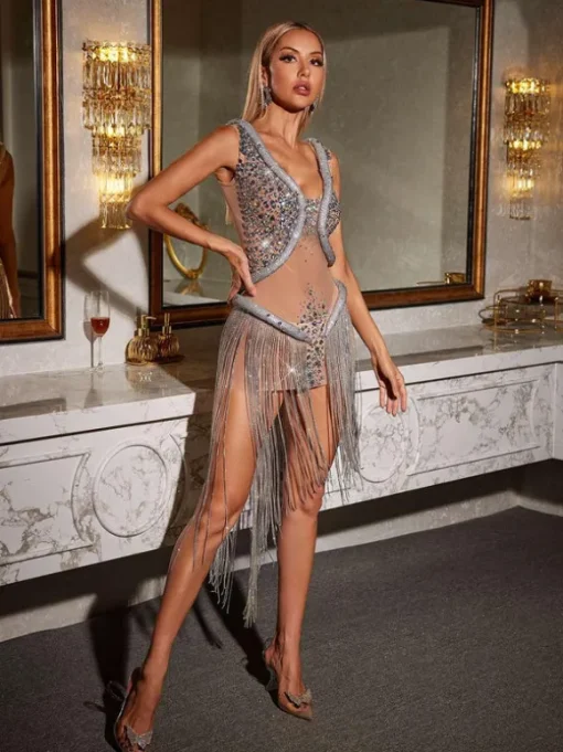 Pluto V Neck Snake Crystal Frige Mini Dress