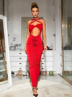 Pomeline Rose Bodycon Maxi Dress In Red