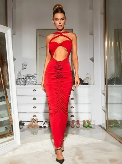 Pomeline Rose Bodycon Maxi Dress In Red