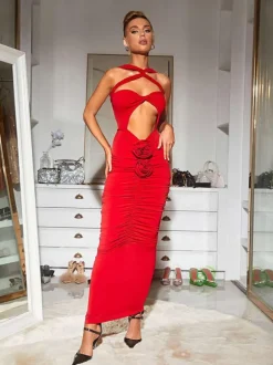 Pomeline Rose Bodycon Maxi Dress In Red