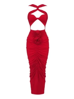 Pomeline Rose Bodycon Maxi Dress In Red