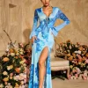 Pyxaris V Neck Split Floral Maxi Dress