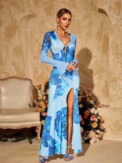 Pyxaris V Neck Split Floral Maxi Dress