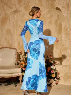Pyxaris V Neck Split Floral Maxi Dress