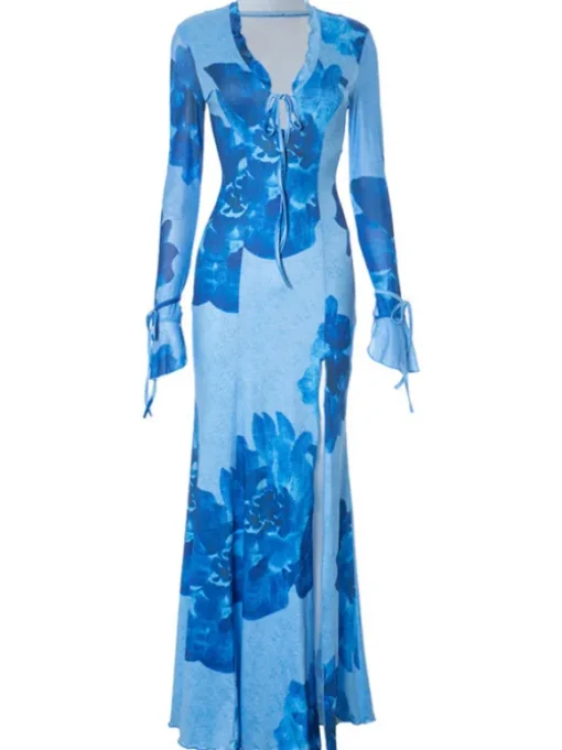Pyxaris V Neck Split Floral Maxi Dress