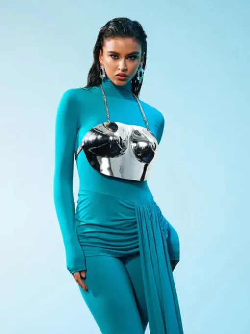 Quill Halterneck Armor Top In Silver