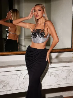 Quill Rhinestone Armor Top In Silver