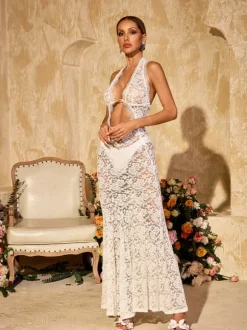 Ravhyx Halterneck Cutout Lace Maxi Dress
