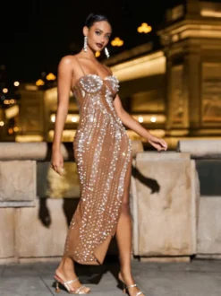 Reinel Pearl Embellished Mesh Dress In Brown