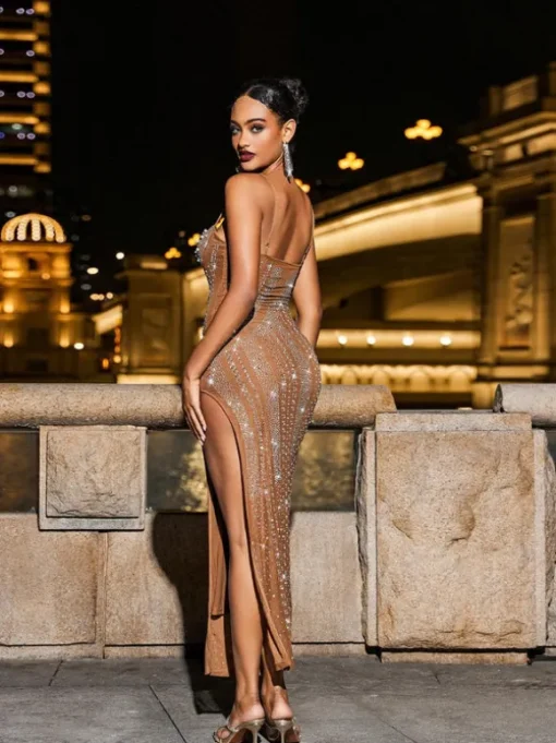 Reinel Pearl Embellished Mesh Dress In Brown