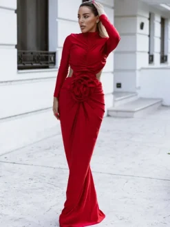 Renwick Long Sleeve Flower Cutout Maxi Dress In Red