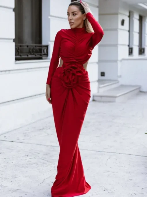 Renwick Long Sleeve Flower Cutout Maxi Dress In Red