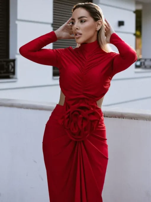 Renwick Long Sleeve Flower Cutout Maxi Dress In Red