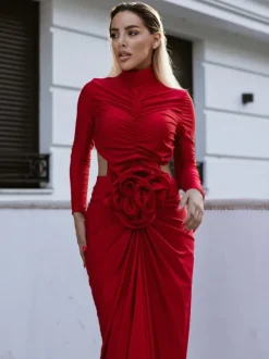 Renwick Long Sleeve Flower Cutout Maxi Dress In Red