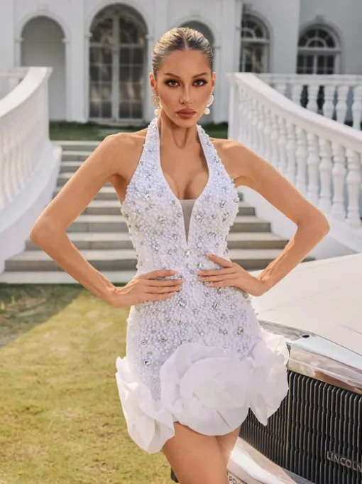 Rhydian Halterneck Pearl Flower Mini Dress
