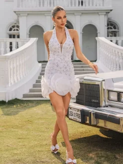 Rhydian Halterneck Pearl Flower Mini Dress