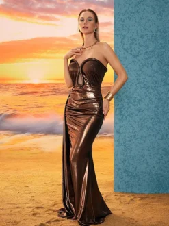 Rina Strapless Metallic Draped Maxi Dress
