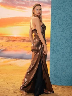 Rina Strapless Metallic Draped Maxi Dress